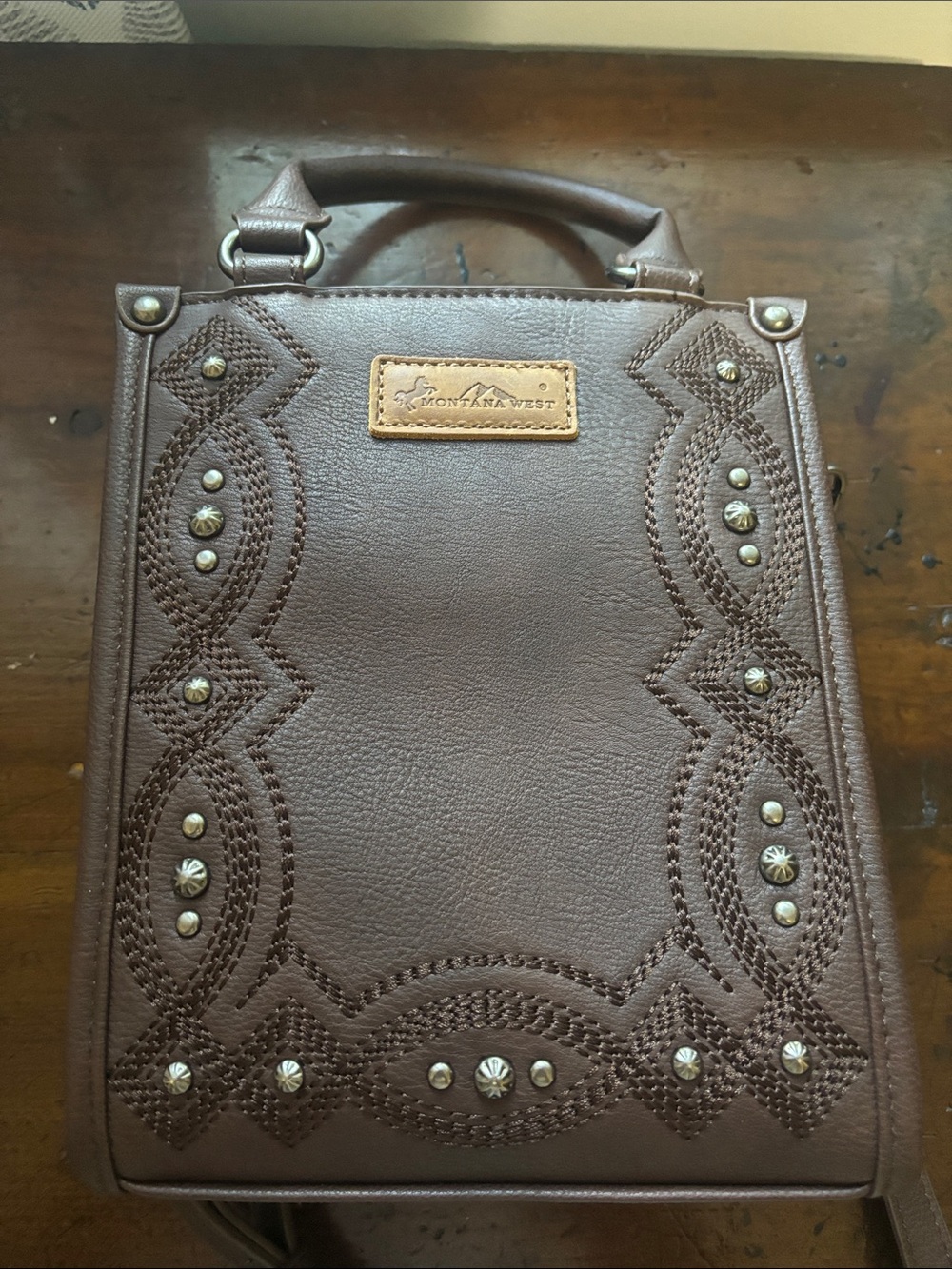 Montana West Brown Leather Crossbody Tote Bag with Stud Detail